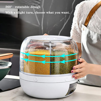 TRAY Automatic Plastic 360 Degree Rotation Cereal Dry Food Rice Grain Storage Dispenser Box, with Measuring Cup, 10 kg, White