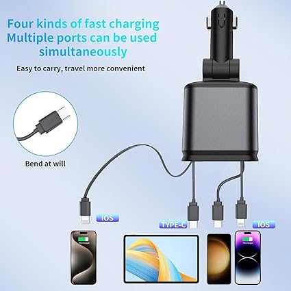 Car Charger 4 in 1 Retractable Built-in Starry sky light, Compact & lightweight with voltage stabilizer, cable, Universal Compatibility for all smartphones, (ALIM)