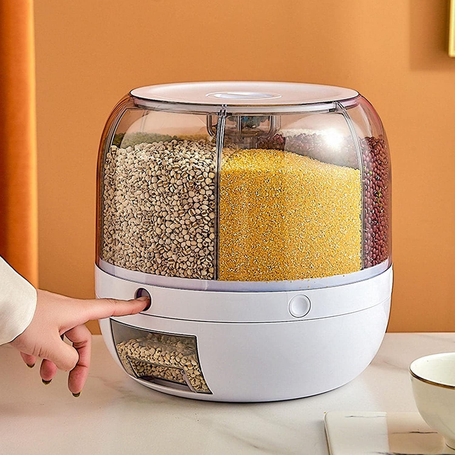 TRAY Automatic Plastic 360 Degree Rotation Cereal Dry Food Rice Grain Storage Dispenser Box, with Measuring Cup, 10 kg, White