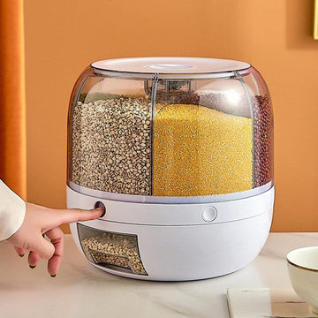 TRAY Automatic Plastic 360 Degree Rotation Cereal Dry Food Rice Grain Storage Dispenser Box, with Measuring Cup, 10 kg, White