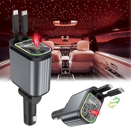 Car Charger 4 in 1 Retractable Built-in Starry sky light, Compact & lightweight with voltage stabilizer, cable, Universal Compatibility for all smartphones, (ALIM)