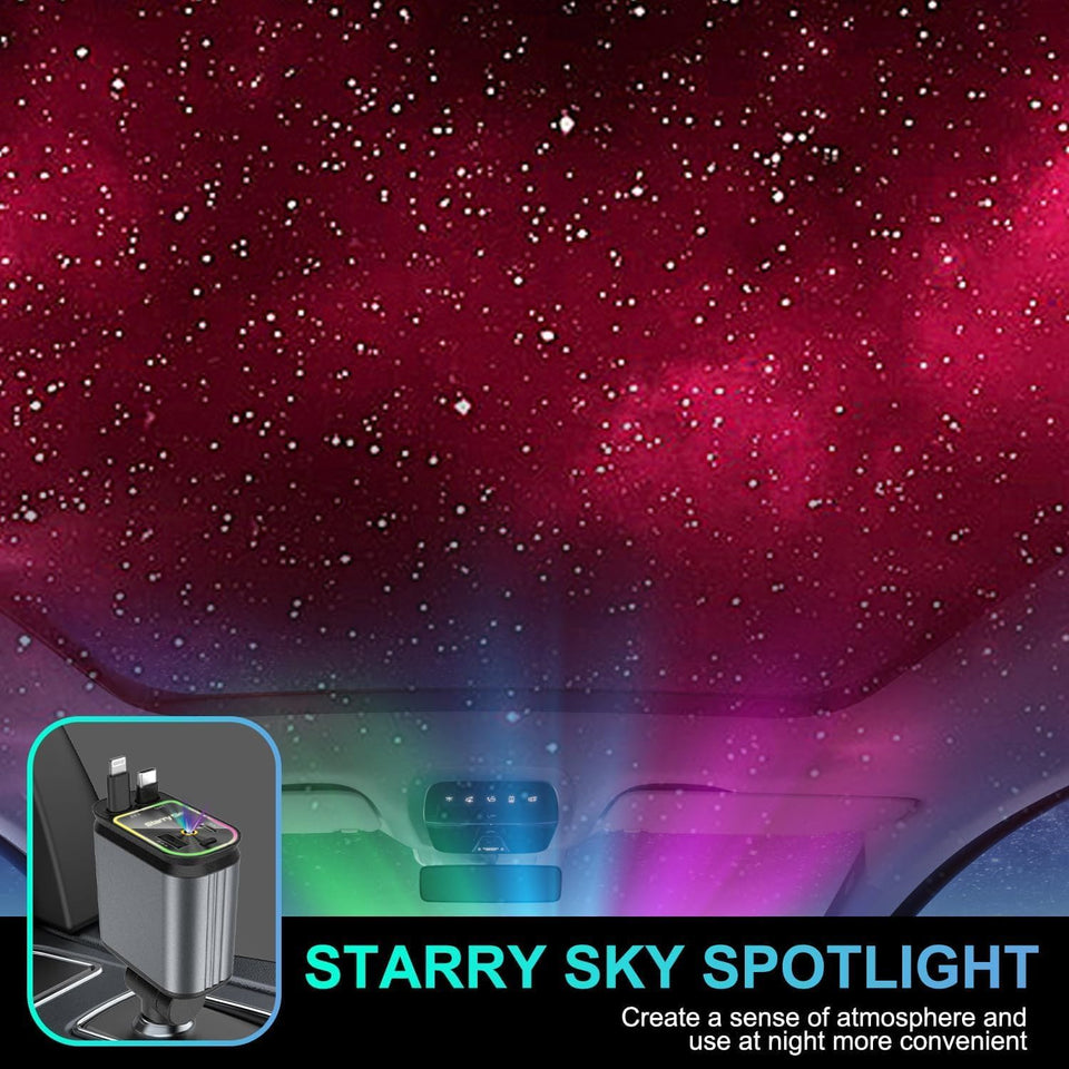 Car Charger 4 in 1 Retractable Built-in Starry sky light, Compact & lightweight with voltage stabilizer, cable, Universal Compatibility for all smartphones, (ALIM)